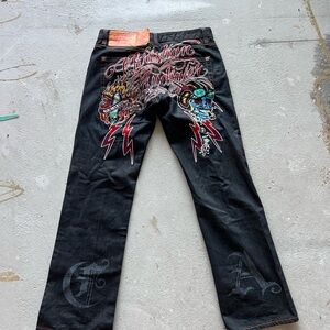 Ed Hardy Christian Audigier Black and Red Graphic Straight Men Jeans